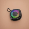 Black portable speaker with a colorful ring-shaped light effect on the front and Bluetooth wireless mini speaker Specification image